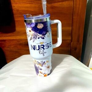 40 oz stainless steel nurse life lidded, handled, tumbler includes straw NWT